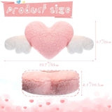 2 Pcs Plush Heart Shaped Pillow with Angel Wings Car Headrest Soft Comfortable Seat Pillow for Driving Travelling Room Office Car Decor, 19.7 x 8.3 Inch(White, Pink) - Front View