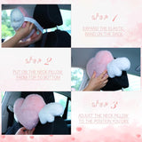 2 Pcs Plush Heart Shaped Pillow with Angel Wings Car Headrest Soft Comfortable Seat Pillow for Driving Travelling Room Office Car Decor, 19.7 x 8.3 Inch(White, Pink) - Rear View