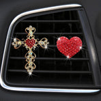 2 Pack Bling Car Vent Clip Decor, Diamond Cross & Heart Air Freshener - Women's Car Essentials (Red)