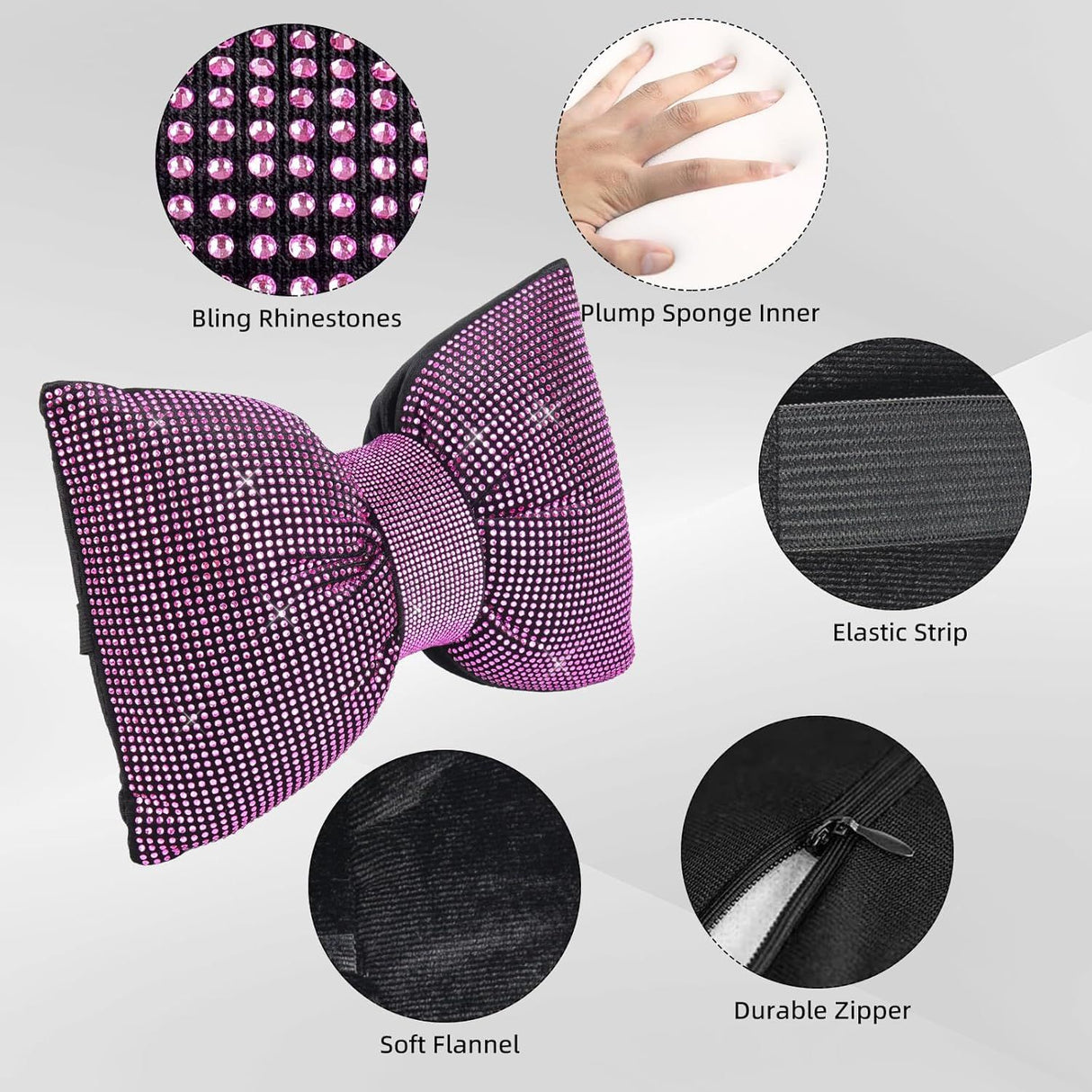 2 PCS Bling Car Pillows,Rhinestones Bowknot Car Headrest Pillow,Car Neck Pillow for Driver Relax Necksupport,Sleeping Travel Support Neck Pillow,Shiny Diamond Interior Accessories for Women,Pink