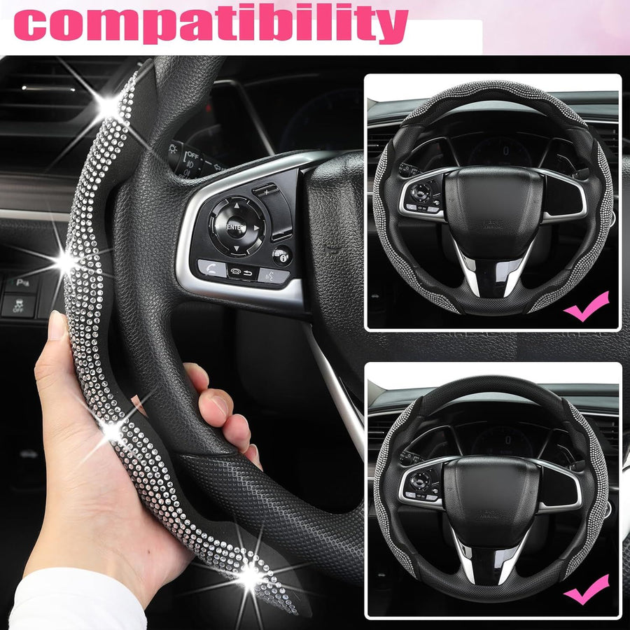Diamond Bling Car Steering Wheel Cover with Crystal Rhinestones,3PCS Segmented Steering Wheel Protector,Universal for 99% Cars for Women(Black with White Diamond)