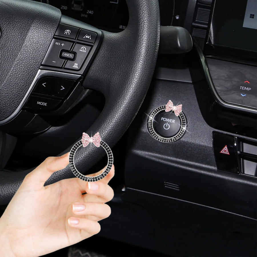 Bow Car Accessories,Pink Bow Tie Push Start Button Rhinestone Ring,Black Engine Start Stop Button Ring Car Decor,Bling Girly Ignition Charm