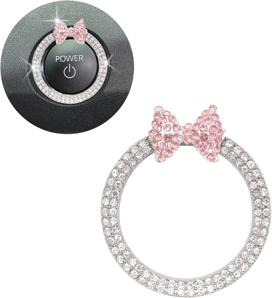 Pink Bow Car Accessories,Bow Tie Engine Start Button Ring,Bling Girly Silver Rhinestone Ring Start Stop Button Car Decor for Women,Ignition Ring Car Charm
