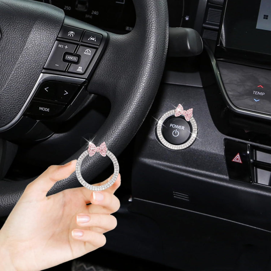 Pink Bow Car Accessories,Bow Tie Engine Start Button Ring,Bling Girly Silver Rhinestone Ring Start Stop Button Car Decor for Women,Ignition Ring Car Charm