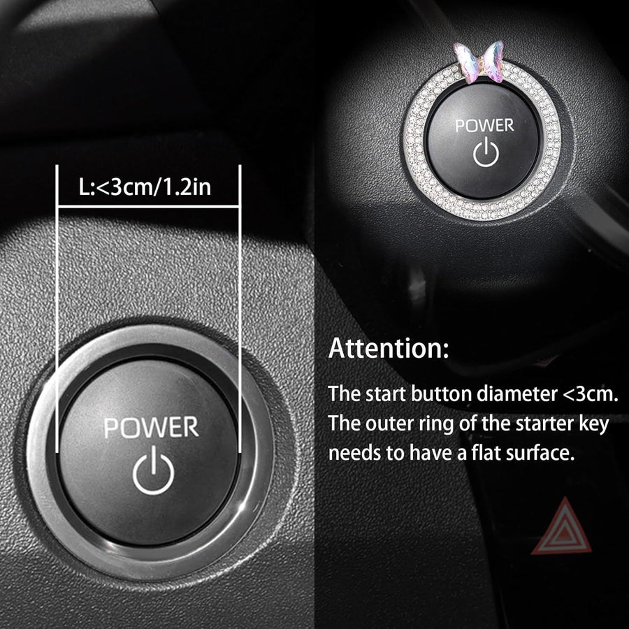 Pink Bow Car Accessories,Bow Tie Engine Start Button Ring,Bling Girly Silver Rhinestone Ring Start Stop Button Car Decor for Women,Ignition Ring Car Charm