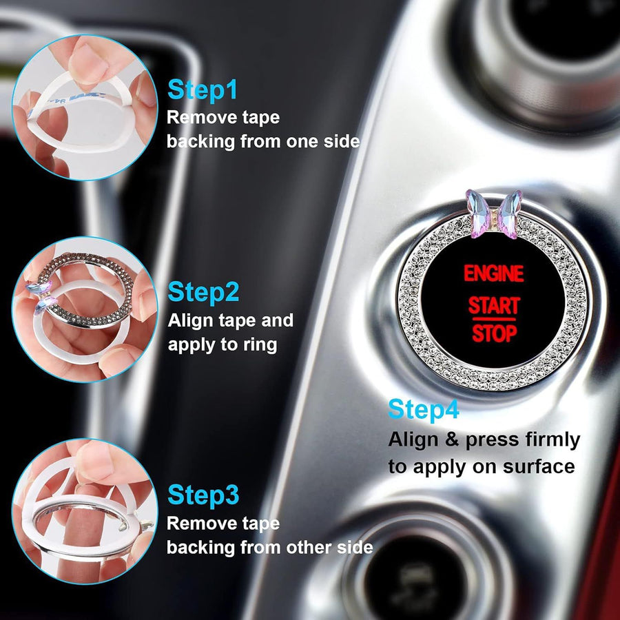 Pink Bow Car Accessories,Bow Tie Engine Start Button Ring,Bling Girly Silver Rhinestone Ring Start Stop Button Car Decor for Women,Ignition Ring Car Charm