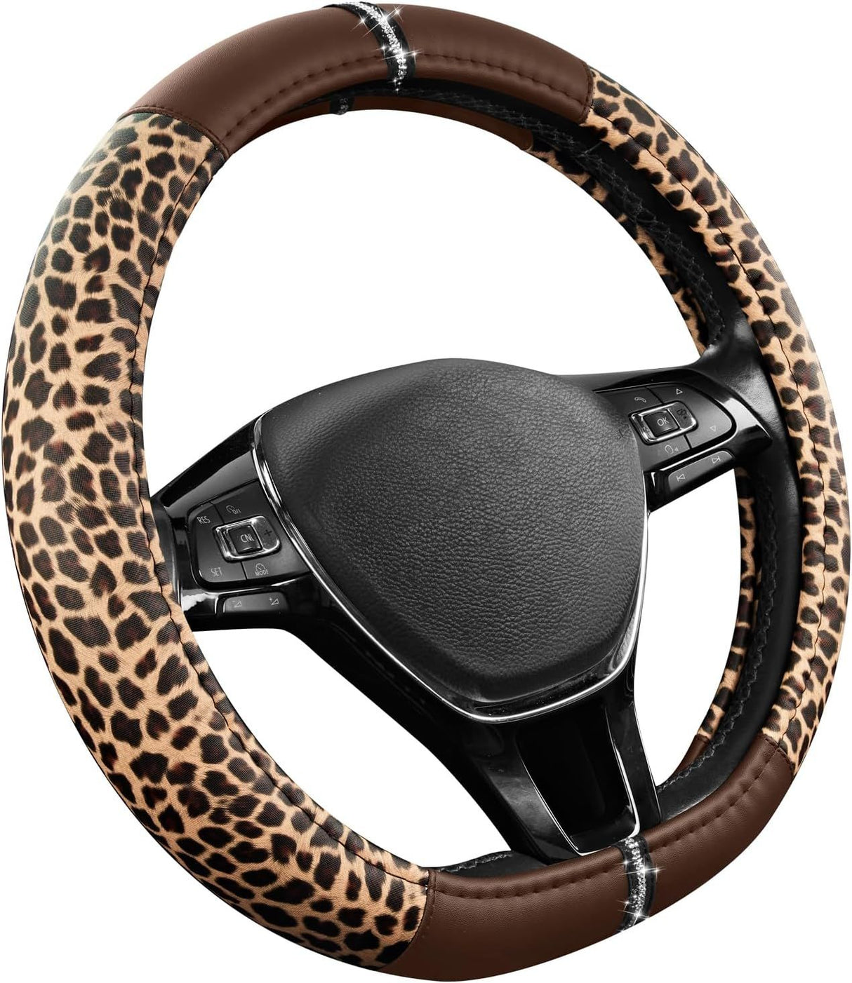 Leopard Steering Wheel Cover for Women, Cute Anti-Slip Microfiber Leather, Fits D Shape Flat Bottom Steering Wheel 14.5-15 Inch - Brown