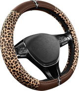 Leopard Steering Wheel Cover for Women, Cute Anti-Slip Microfiber Leather, Fits D Shape Flat Bottom Steering Wheel 14.5-15 Inch - Brown - Front View
