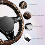 Leopard Steering Wheel Cover for Women, Cute Anti-Slip Microfiber Leather, Fits D Shape Flat Bottom Steering Wheel 14.5-15 Inch - Brown - Top-Down View