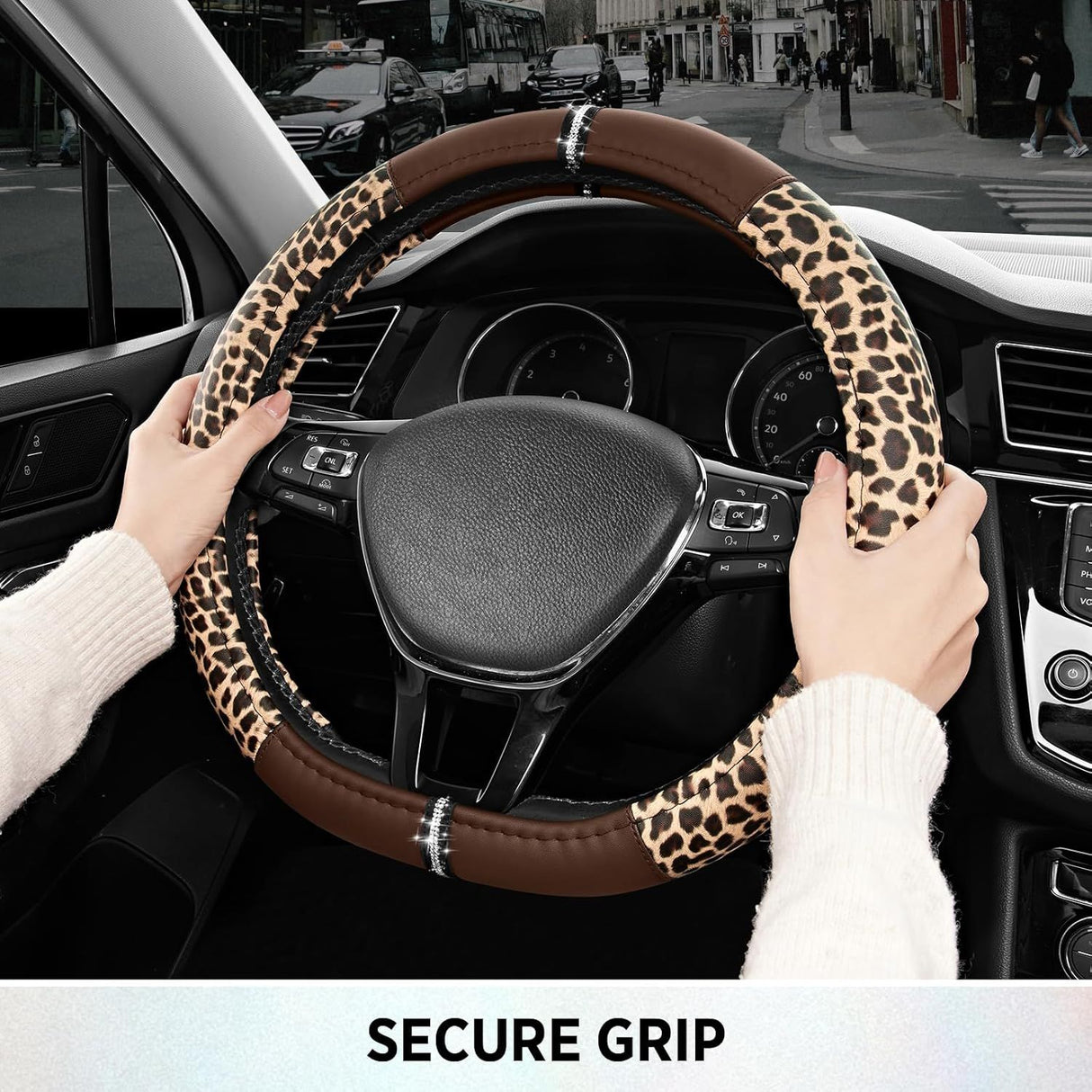 Leopard Steering Wheel Cover for Women, Cute Anti-Slip Microfiber Leather, Fits D Shape Flat Bottom Steering Wheel 14.5-15 Inch - Brown