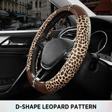 Leopard Steering Wheel Cover for Women, Cute Anti-Slip Microfiber Leather, Fits D Shape Flat Bottom Steering Wheel 14.5-15 Inch - Brown - Rear View