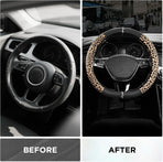 Leopard Steering Wheel Cover for Women, Cute Anti-Slip Microfiber Leather, Fits D Shape Flat Bottom Steering Wheel 14.5-15 Inch - Black