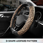 Leopard Steering Wheel Cover for Women, Cute Anti-Slip Microfiber Leather, Fits D Shape Flat Bottom Steering Wheel 14.5-15 Inch - Black