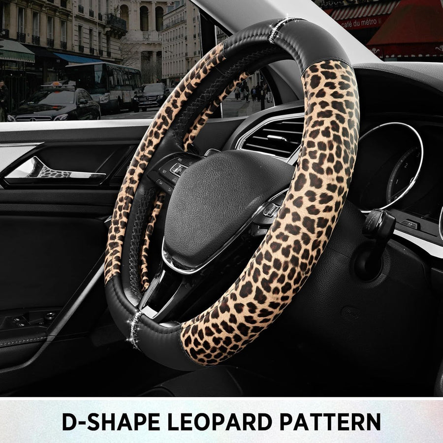 Leopard Steering Wheel Cover for Women, Cute Anti-Slip Microfiber Leather, Fits D Shape Flat Bottom Steering Wheel 14.5-15 Inch - Black