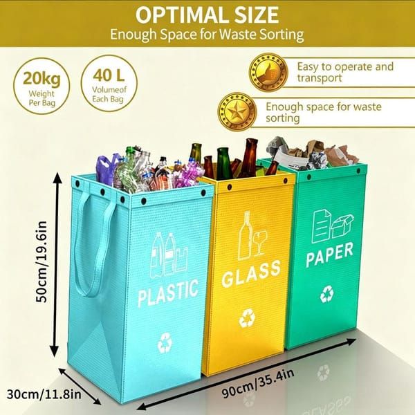 Collapsible Recycling Bags 40L, Waterproof Reusable Laminated Waste Sorting Bins with Carry Handles, Paper Brown & Glass Grey 2‑Pack for Home Kitchen Indoor Recycling