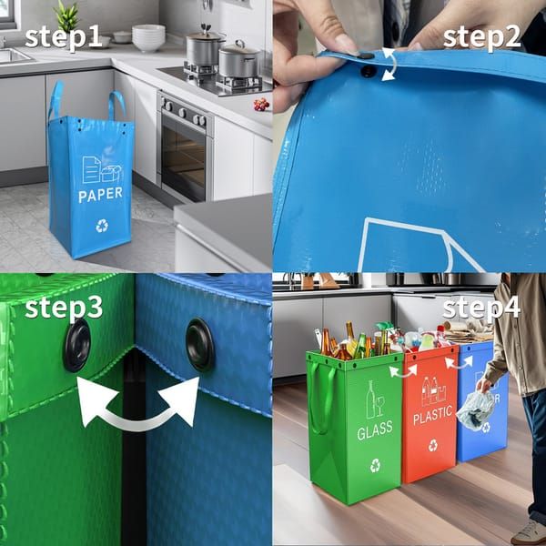 Collapsible Recycling Bags 40L, Waterproof Reusable Laminated Waste Sorting Bins with Carry Handles, Paper Brown & Glass Grey 2‑Pack for Home Kitchen Indoor Recycling
