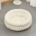 Milky White Plush Round Pet Bed with Removable Cushion, Size M, Thick Warm Dog & Cat Nest, Cosy Soft Indoor Sleeping Space for Small to Medium‑Sized Pets