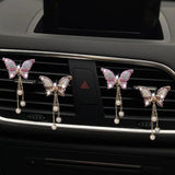 4 in 1 Bling Butterfly Aromatherapy Air Vent Clips, Diamond Pearl Pendant Butterfly Car Air Fresheners, Cute Car Decoration, Interior Decor - Side View