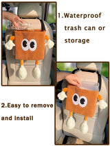 Car Cute 2 in 1 Trash Can with Tissue Holder Box Seat Back Bag Hanging over the Seat Organizer Plush Cartoon Animal Storage Garbage,Brown - Rear View