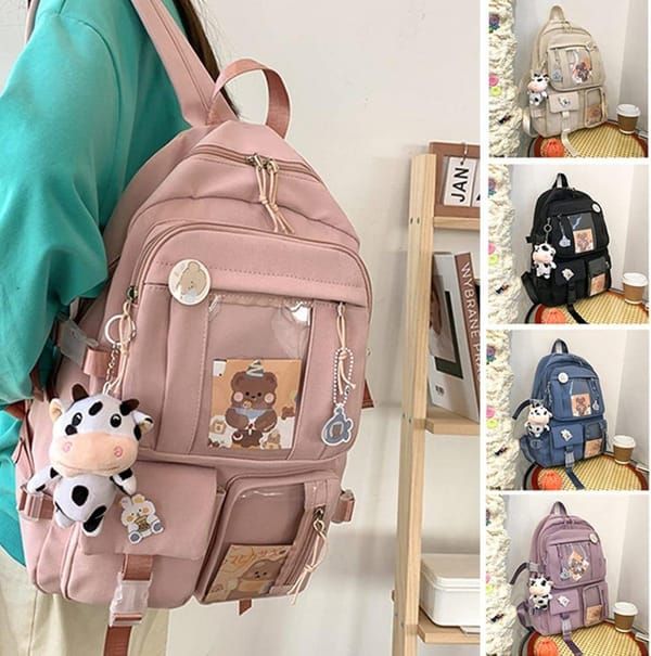 K‑Style Kids Backpack with Cute Accessories, 43×31cm Large Capacity School Backpack, Black Casual Daypack for Children & Teenagers