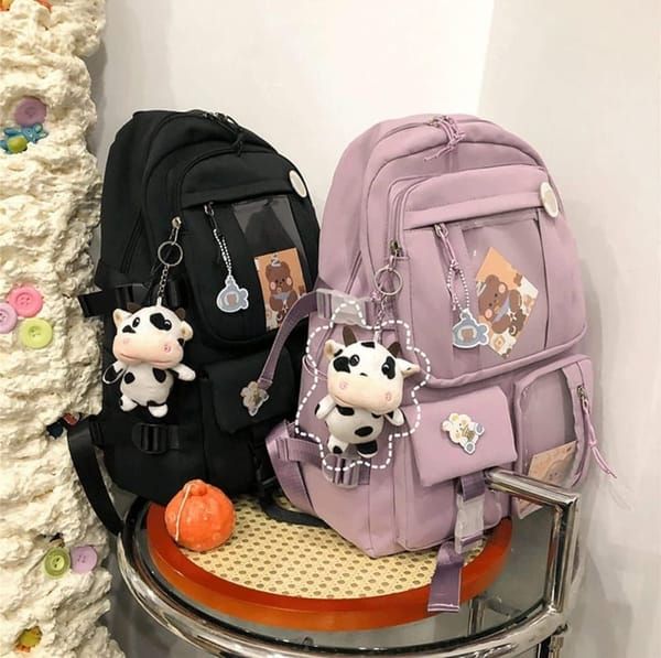 K‑Style Kids Backpack with Cute Accessories, 43×31cm Large Capacity School Backpack, Black Casual Daypack for Children & Teenagers