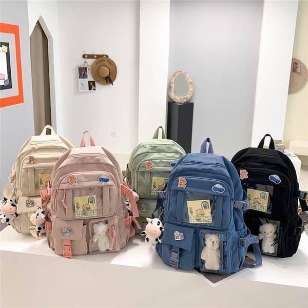 K‑Style Kids Backpack with Cute Accessories, 43×31cm Large Capacity School Backpack, Pink Casual Daypack for Children & Teenagers