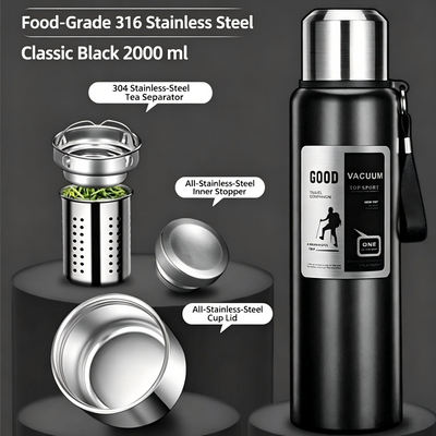 2000 ml Outdoor 316 Stainless Steel Vacuum Flask, Large‑Capacity Travel Insulated Water Bottle with Tea Infuser, All‑Steel Thermos for Hiking & Camping, Black