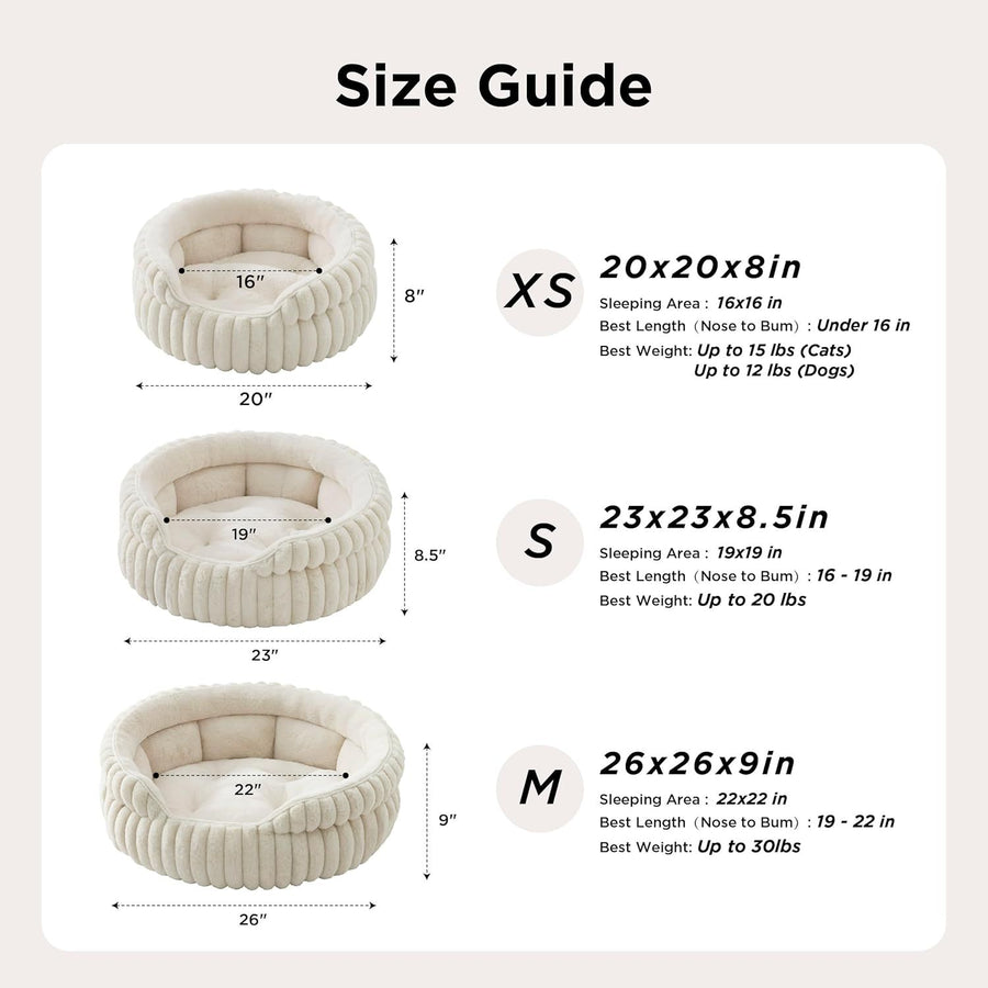Cat Bed, Washable Round Cute Pet Beds for Indoor Cats, Super Soft Corduroy Kitten Bed with Anti-Slip Bottom, 20''x20''x8'', Cream