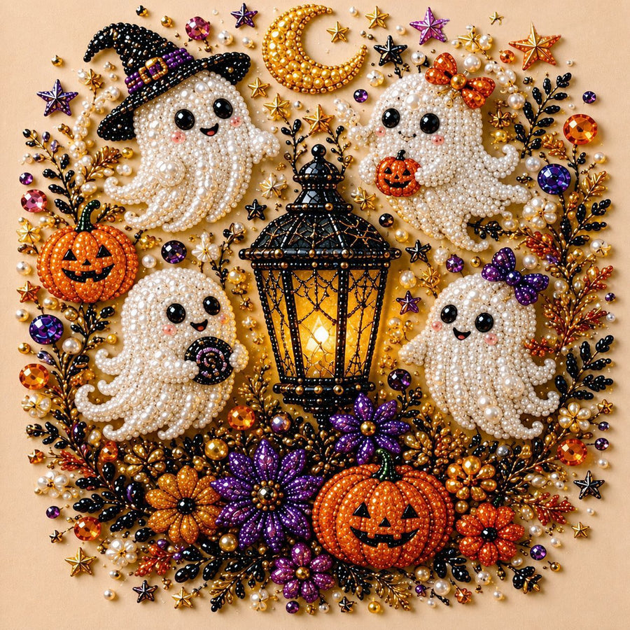 DIY Halloween Raven Pumpkin Diamond Painting Kit, Pearl Bead Art 20×20cm, Pre‑Stretched Inner Frame, Plastic Sealed Package with Full Set Craft Tools