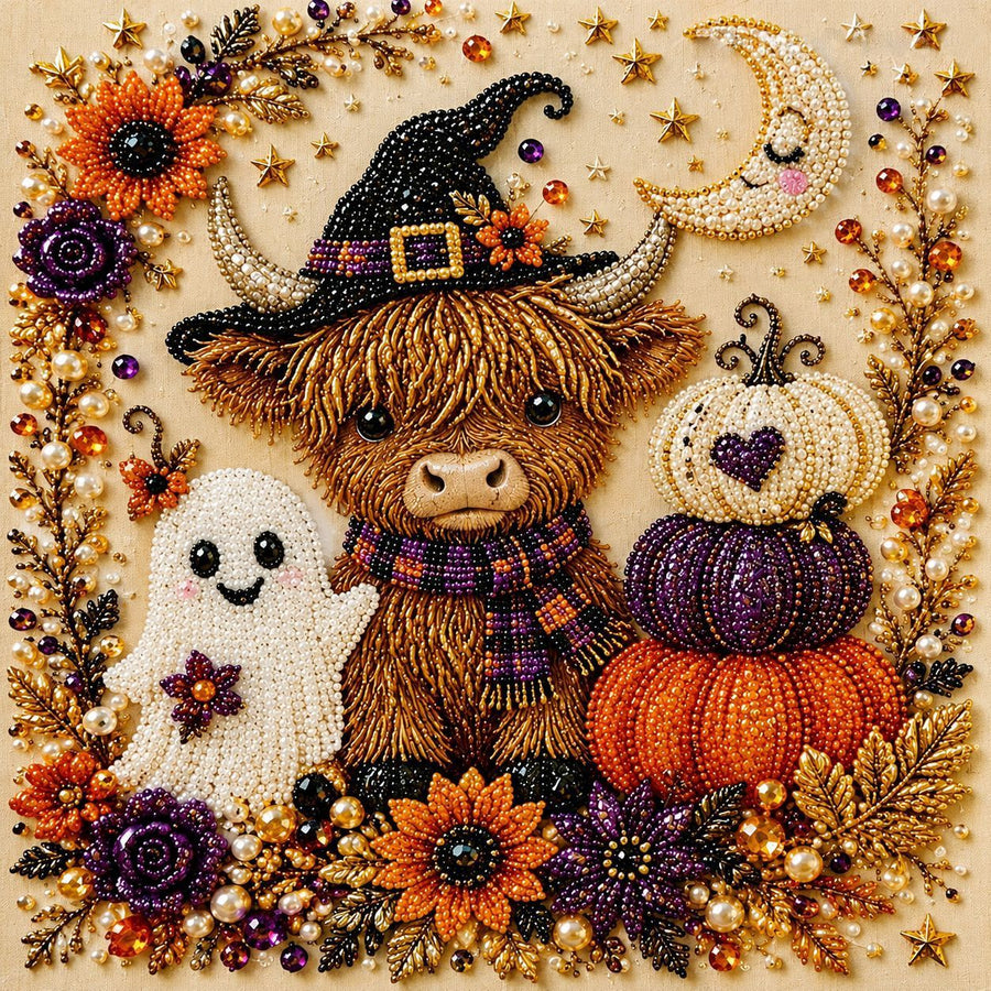 DIY Halloween Raven Pumpkin Diamond Painting Kit, Pearl Bead Art 20×20cm, Pre‑Stretched Inner Frame, Plastic Sealed Package with Full Set Craft Tools