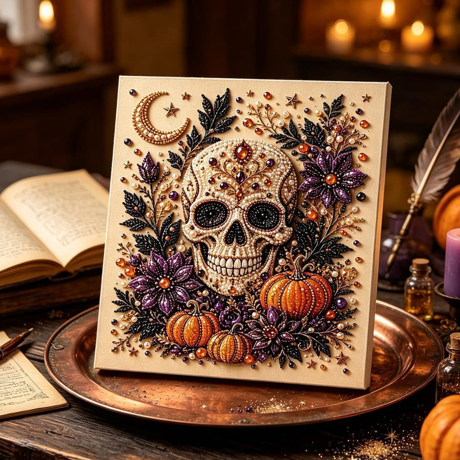 DIY Halloween Witch Pumpkin Diamond Painting Kit, Pearl Bead Art 20×20cm, Pre‑Stretched Inner Frame, Plastic Sealed Package with Full Set Craft Tools