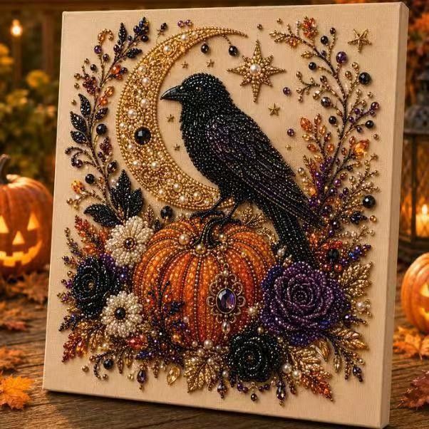DIY Halloween Witch Pumpkin Diamond Painting Kit, Pearl Bead Art 20×20cm, Pre‑Stretched Inner Frame, Plastic Sealed Package with Full Set Craft Tools