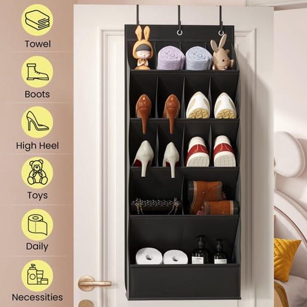 Over The Door Shoe Organizer, 15 Large Pockets Hanging Shoe Storage Bag, Space Saving Door Hanging Organizer for Shoes & Home Accessories, Black
