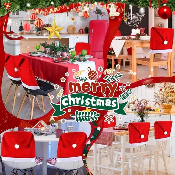 5 Pack Santa Hat Chair Covers, Red Christmas Chair Back Covers, Xmas Dining Chair Slipcovers for Christmas Dinner Party Decorations