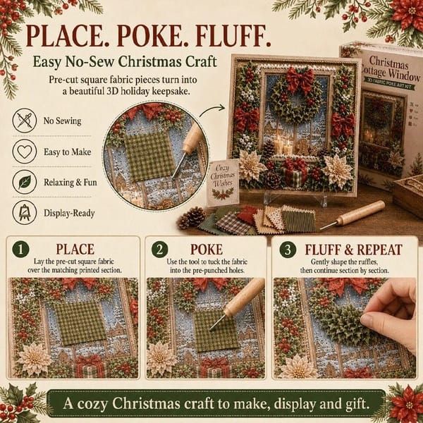 Christmas Tree 3D Fabric Poke Art Kit, 20 x 20cm No Sew DIY Handcraft Set, Pre-Cut Fabric & Punch Tools Included, Xmas Decor & Gift Making Activity