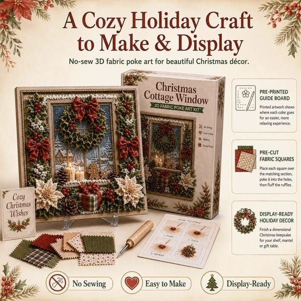 Christmas Reindeer 3D Fabric Poke Art Kit, 20 x 20cm No Sew DIY Handcraft Set, Pre-Cut Fabric & Punch Tools Included, Xmas Decor & Gift Making Activity