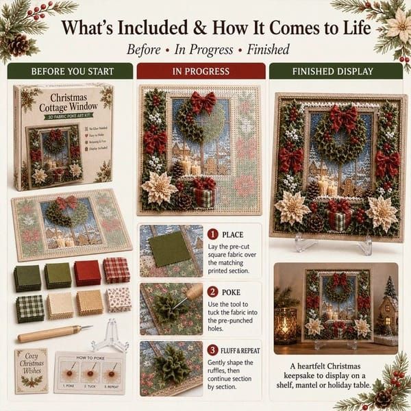 Christmas Wreath 3D Fabric Poke Art Kit, 20 x 20cm No Sew DIY Handcraft Set, Pre-Cut Fabric & Punch Tools Included, Xmas Decor & Gift Making Activity