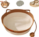 Cotton Rope Woven Cat Bed Basket with Hanging Toy Ball Foldable Round Pet Nest Brown L