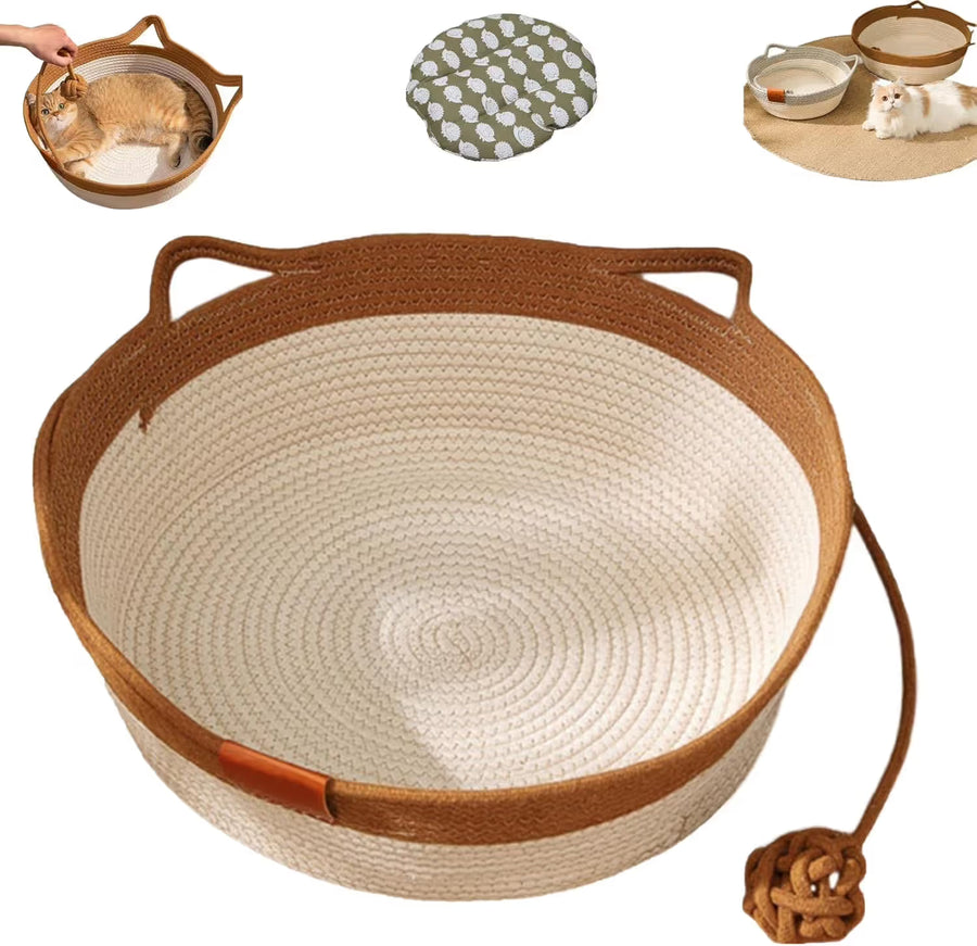 Cotton Rope Woven Cat Bed Basket with Hanging Toy Ball Foldable Round Pet Nest Brown L
