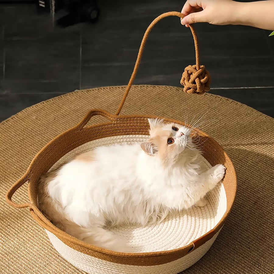 Cotton Rope Woven Cat Bed Basket with Hanging Toy Ball Foldable Round Pet Nest Brown L