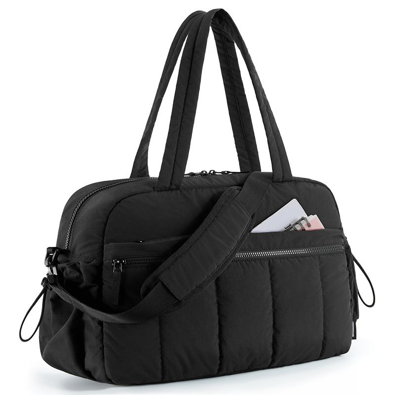 Puffer Duffle Bag with Wet Compartment, Compact Weekender Sports Travel Bag for Men & Women, 40x20x28cm, Black
