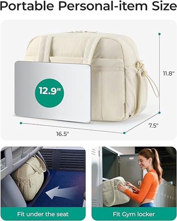 Puffer Duffle Bag with Wet Compartment, Compact Weekender Sports Travel Bag for Men & Women, 40x20x28cm, Black