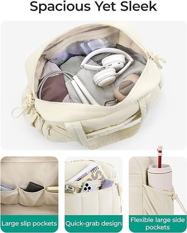 Puffer Duffle Bag with Wet Compartment, Compact Weekender Sports Travel Bag for Men & Women, 40x20x28cm, Black