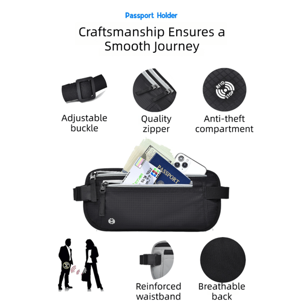 RFID Blocking Slim Anti-theft Waist Bag, Hidden Travel Money Belt for Passport, Documents and Cash, Navy Blue