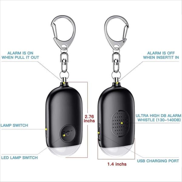 White Rechargeable Personal Alarm Keychain, Self Defence Safety Alarm with LED Flashlight, Portable Emergency Security Siren for Women Kids Elderly