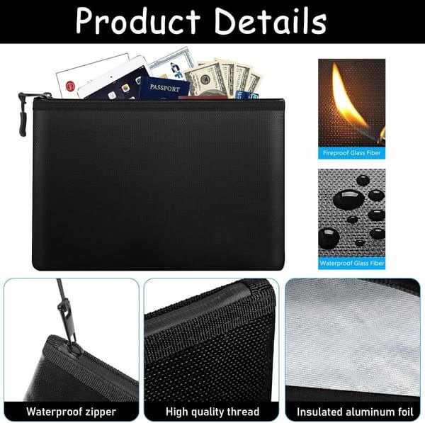 2 Pack Fireproof Document Bags, A4 & A5 Waterproof Fire Resistant Storage Pouches for Passport, Cards, Valuables, 34×24cm & 28×17cm, Black