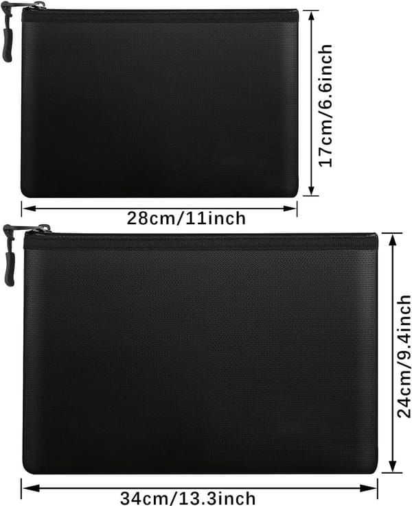 2 Pack Fireproof Document Bags, A4 & A5 Waterproof Fire Resistant Storage Pouches for Passport, Cards, Valuables, 34×24cm & 28×17cm, Black