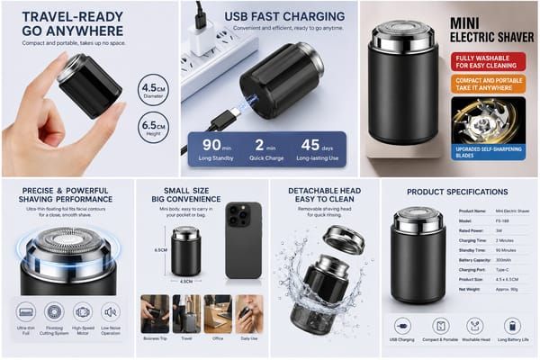 Mini Electric Shaver for Men, Rechargeable Portable Shaver, Metal Grey, Washable Rotary Razor for Travel & Daily Use