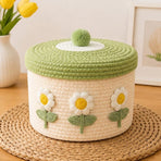 Cute Cotton Rope Woven Storage Basket with Lid, Decorative Desktop Organizer Box for Cosmetics & Sundries, Cream Base with Green Lid & White Daisy