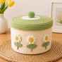 Cute Cotton Rope Woven Storage Basket with Lid, Decorative Desktop Organizer Box for Cosmetics & Sundries, Cream Base with Green Lid & White Daisy